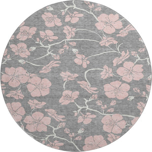 HomeRoots 8' Gray and Pink Floral Washable Round Rug - Durable, Stain-Resistant, UV-Protected for Busy Homes 681152