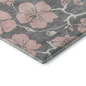 HomeRoots 8' Gray and Pink Floral Washable Round Rug - Durable, Stain-Resistant, UV-Protected for Busy Homes 681152