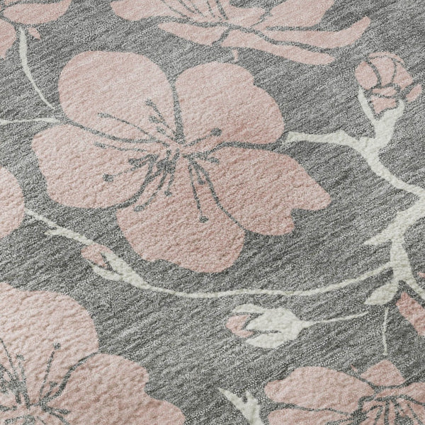 HomeRoots 8' Gray and Pink Floral Washable Round Rug - Durable, Stain-Resistant, UV-Protected for Busy Homes 681152