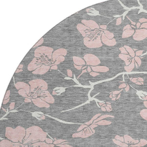 HomeRoots 8' Gray and Pink Floral Washable Round Rug - Durable, Stain-Resistant, UV-Protected for Busy Homes 681152
