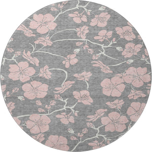 HomeRoots 8' Gray and Pink Floral Washable Round Rug - Durable, Stain-Resistant, UV-Protected for Busy Homes 681152