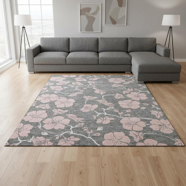 HomeRoots 8' X 10' Gray and Pink Floral Area Rug - Washable, UV-Protected, Stain-Resistant for Family Spaces 681153