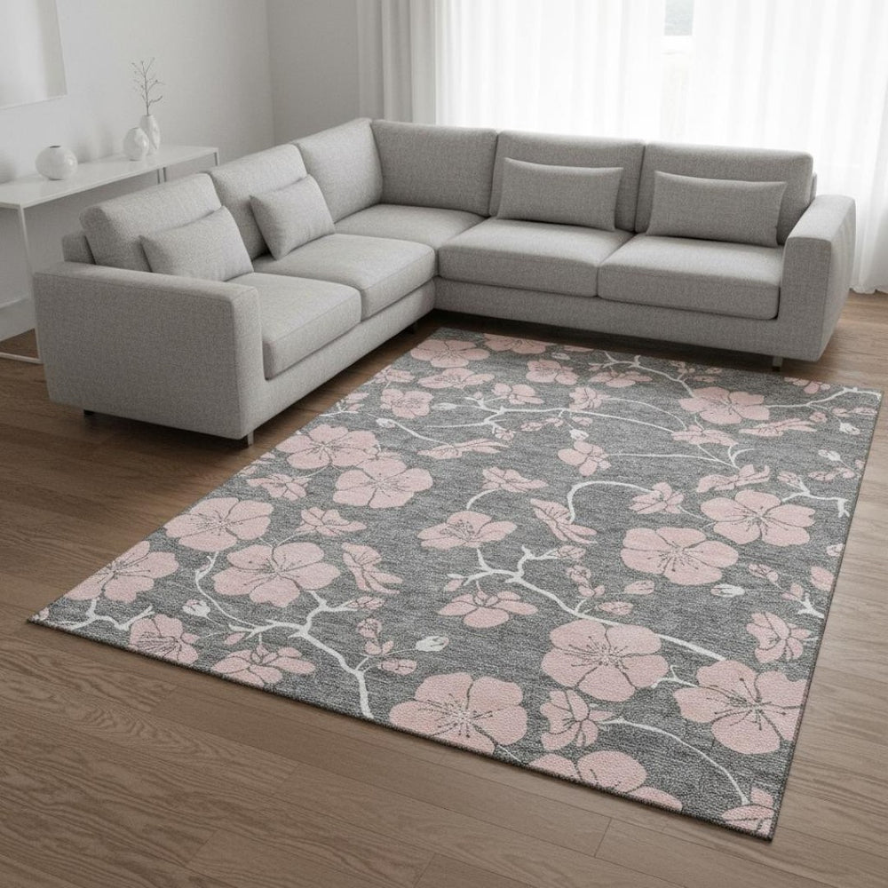 HomeRoots 9' X 12' Gray and Pink Floral Washable Area Rug - Durable, Stain Resistant, UV Protected for Homes 681154