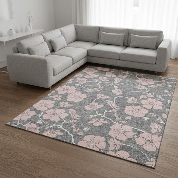 HomeRoots 9' X 12' Gray and Pink Floral Washable Area Rug - Durable, Stain Resistant, UV Protected for Homes 681154