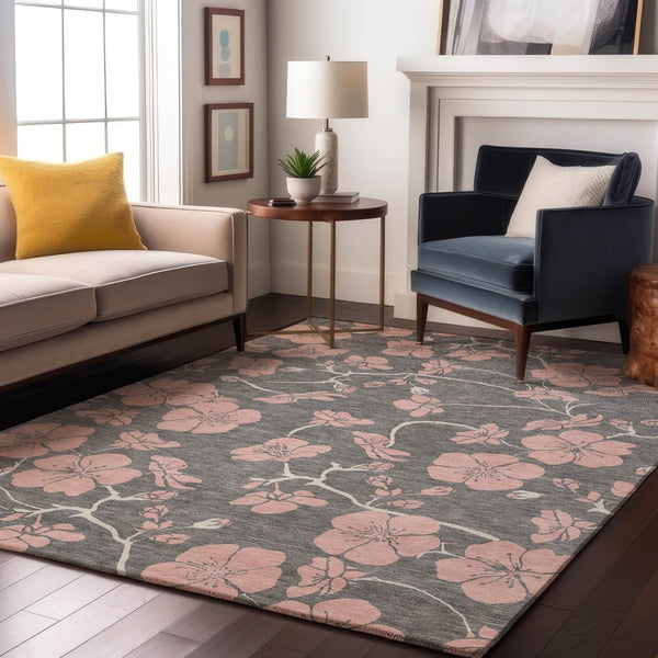 HomeRoots 9' X 12' Gray and Pink Floral Washable Area Rug - Durable, Stain Resistant, UV Protected for Homes 681154