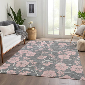 HomeRoots 9' X 12' Gray and Pink Floral Washable Area Rug - Durable, Stain Resistant, UV Protected for Homes 681154