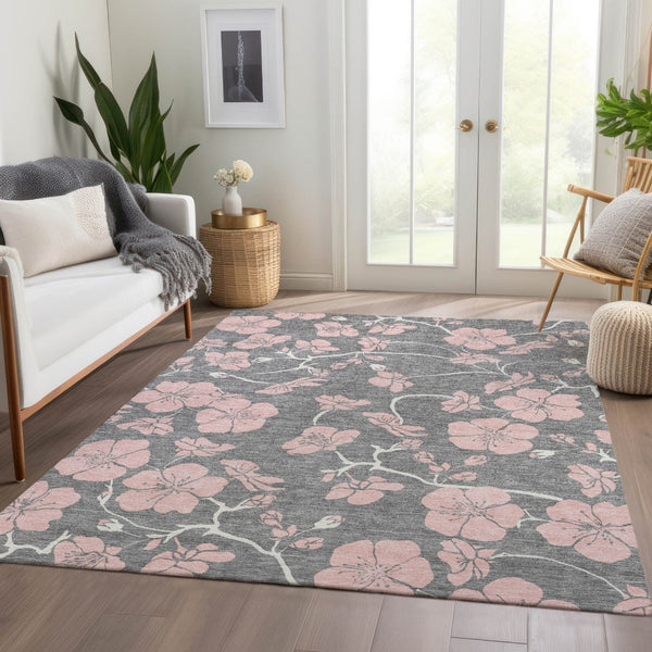 HomeRoots 9' X 12' Gray and Pink Floral Washable Area Rug - Durable, Stain Resistant, UV Protected for Homes 681154