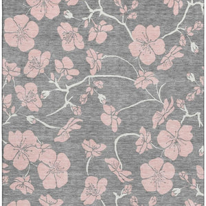 HomeRoots 9' X 12' Gray and Pink Floral Washable Area Rug - Durable, Stain Resistant, UV Protected for Homes 681154