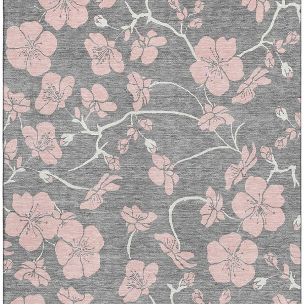 HomeRoots 9' X 12' Gray and Pink Floral Washable Area Rug - Durable, Stain Resistant, UV Protected for Homes 681154