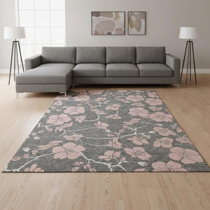 HomeRoots 10' Gray and Pink Floral Area Rug - Washable, UV-Protected, Durable for Living Spaces & Kids' Rooms 681155