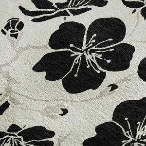 HomeRoots 5' X 8' Washable Ivory and Black Floral Area Rug with UV Protection - Ideal for Homes with Kids & Pets 681157