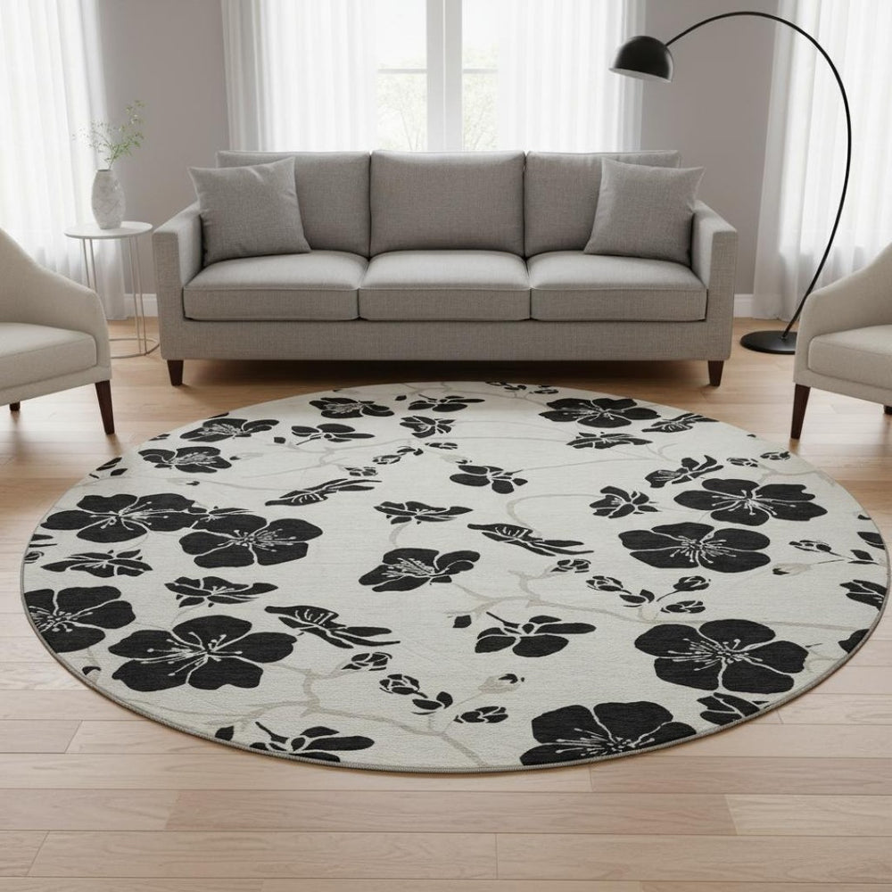 HomeRoots 8' Ivory and Black Floral Washable Round Rug - Durable, Stylish, Stain-Resistant, UV Protected Design 681158