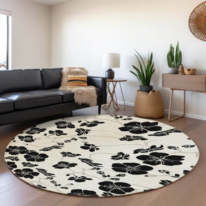 HomeRoots 8' Ivory and Black Floral Washable Round Rug - Durable, Stylish, Stain-Resistant, UV Protected Design 681158