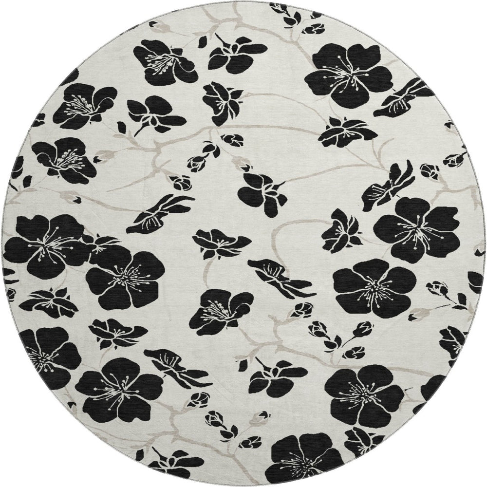HomeRoots 8' Ivory and Black Floral Washable Round Rug - Durable, Stylish, Stain-Resistant, UV Protected Design 681158