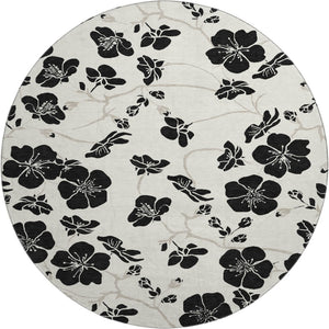 HomeRoots 8' Ivory and Black Floral Washable Round Rug - Durable, Stylish, Stain-Resistant, UV Protected Design 681158