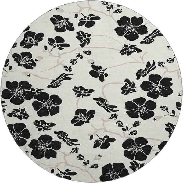 HomeRoots 8' Ivory and Black Floral Washable Round Rug - Durable, Stylish, Stain-Resistant, UV Protected Design 681158