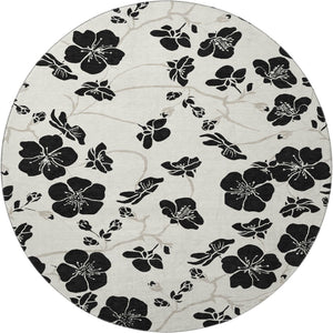 HomeRoots 8' Ivory and Black Floral Washable Round Rug - Durable, Stylish, Stain-Resistant, UV Protected Design 681158