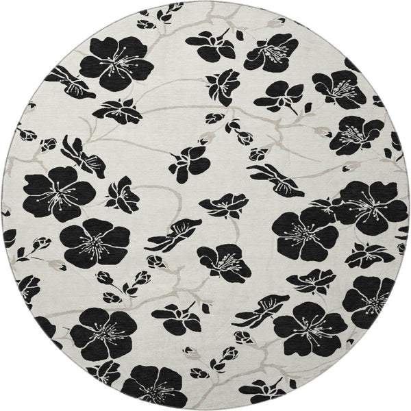 HomeRoots 8' Ivory and Black Floral Washable Round Rug - Durable, Stylish, Stain-Resistant, UV Protected Design 681158