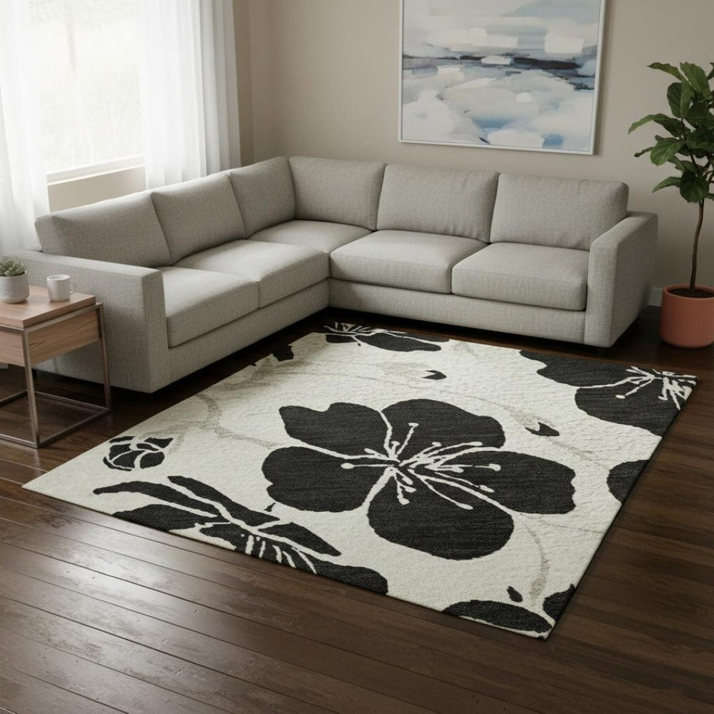 HomeRoots 8' X 10' Ivory And Black Floral Washable Area Rug - Durable, Stain-Resistant, UV Protected Design 681159
