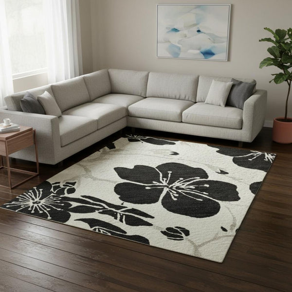 HomeRoots 9' X 12' Ivory Floral Area Rug – Washable, UV Protected, Durable Design for Homes with Kids & Pets 681160