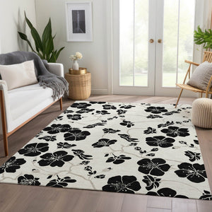 HomeRoots 10' X 14' Ivory Floral Area Rug - Stain-Resistant, Washable, UV Protected & Ideal for Family Spaces 681161