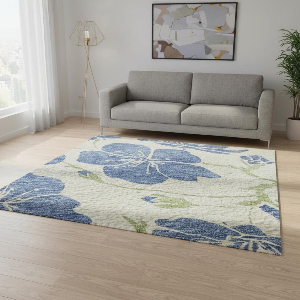 HomeRoots 5' X 8' Floral Washable Area Rug in Linen Blue & Green - Durable, UV-Protected, Stylish & Easy-Care! 681163