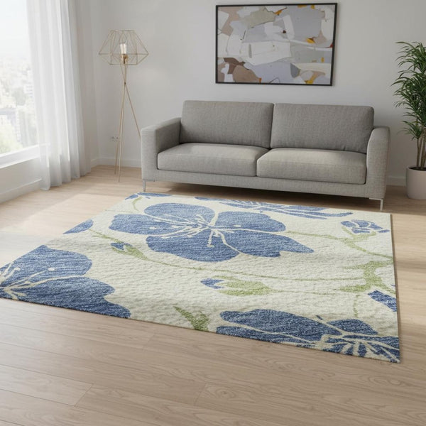 HomeRoots 5' X 8' Floral Washable Area Rug in Linen Blue & Green - Durable, UV-Protected, Stylish & Easy-Care! 681163
