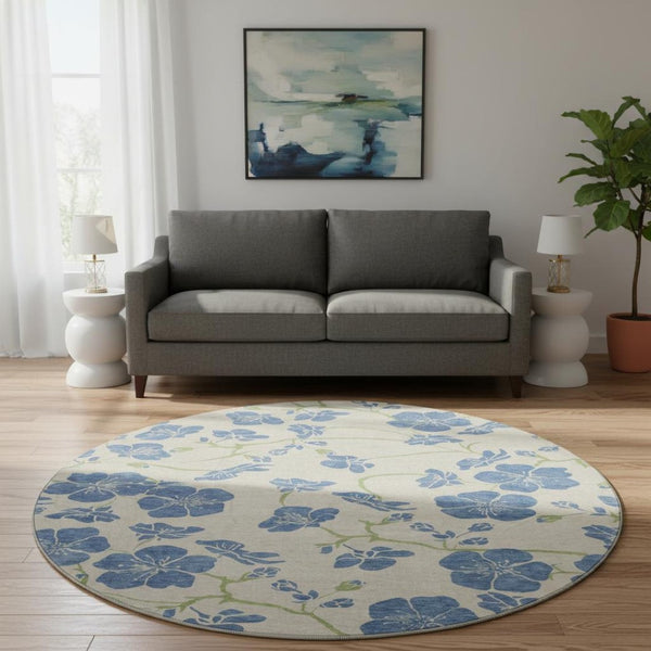 HomeRoots 8' Floral Round Rug in Linen Blue & Green - Washable, UV Protected, Durable for High-Traffic Areas 681164