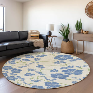 HomeRoots 8' Floral Round Rug in Linen Blue & Green - Washable, UV Protected, Durable for High-Traffic Areas 681164