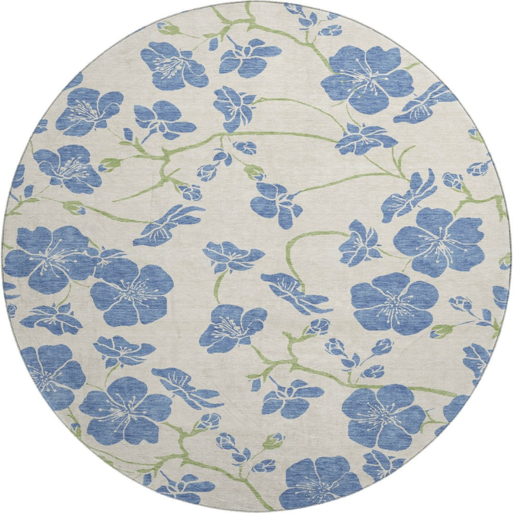 HomeRoots 8' Floral Round Rug in Linen Blue & Green - Washable, UV Protected, Durable for High-Traffic Areas 681164