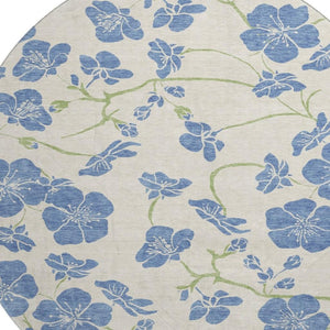 HomeRoots 8' Floral Round Rug in Linen Blue & Green - Washable, UV Protected, Durable for High-Traffic Areas 681164