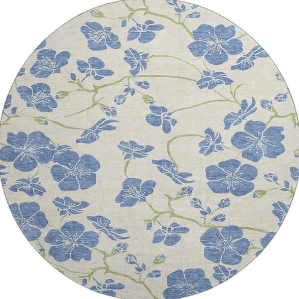 HomeRoots 8' Floral Round Rug in Linen Blue & Green - Washable, UV Protected, Durable for High-Traffic Areas 681164