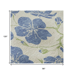 HomeRoots 8' X 10' Linen Blue and Green Floral Area Rug - Washable, UV Protected, Durable for Pets & Kids 681165