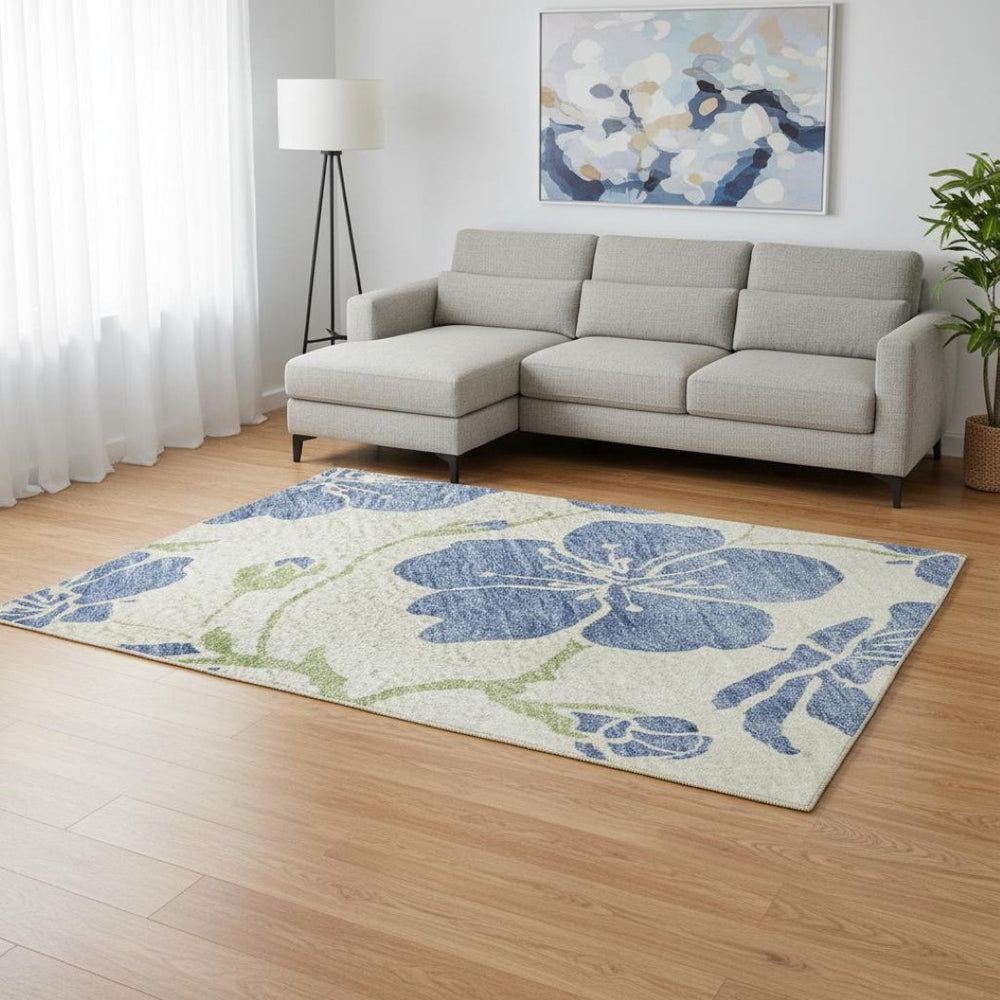 HomeRoots 8' X 10' Linen Blue and Green Floral Area Rug - Washable, UV Protected, Durable for Pets & Kids 681165