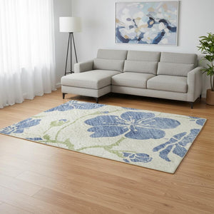 HomeRoots 8' X 10' Linen Blue and Green Floral Area Rug - Washable, UV Protected, Durable for Pets & Kids 681165