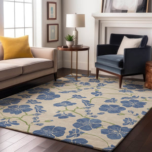 HomeRoots 10' X 14' Stylish Linen Blue Green Floral Area Rug - Washable, Stain Resistant & UV Protected Design 681167