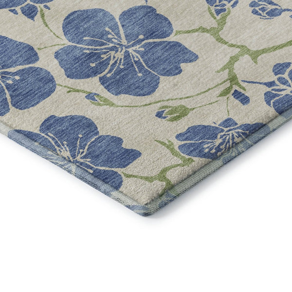 HomeRoots 10' X 14' Stylish Linen Blue Green Floral Area Rug - Washable, Stain Resistant & UV Protected Design 681167