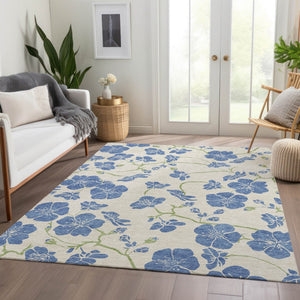HomeRoots 10' X 14' Stylish Linen Blue Green Floral Area Rug - Washable, Stain Resistant & UV Protected Design 681167