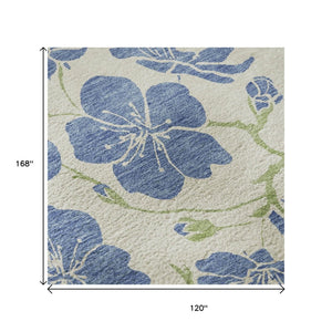HomeRoots 10' X 14' Stylish Linen Blue Green Floral Area Rug - Washable, Stain Resistant & UV Protected Design 681167