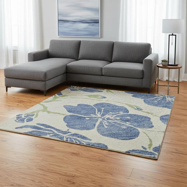 HomeRoots 10' X 14' Stylish Linen Blue Green Floral Area Rug - Washable, Stain Resistant & UV Protected Design 681167