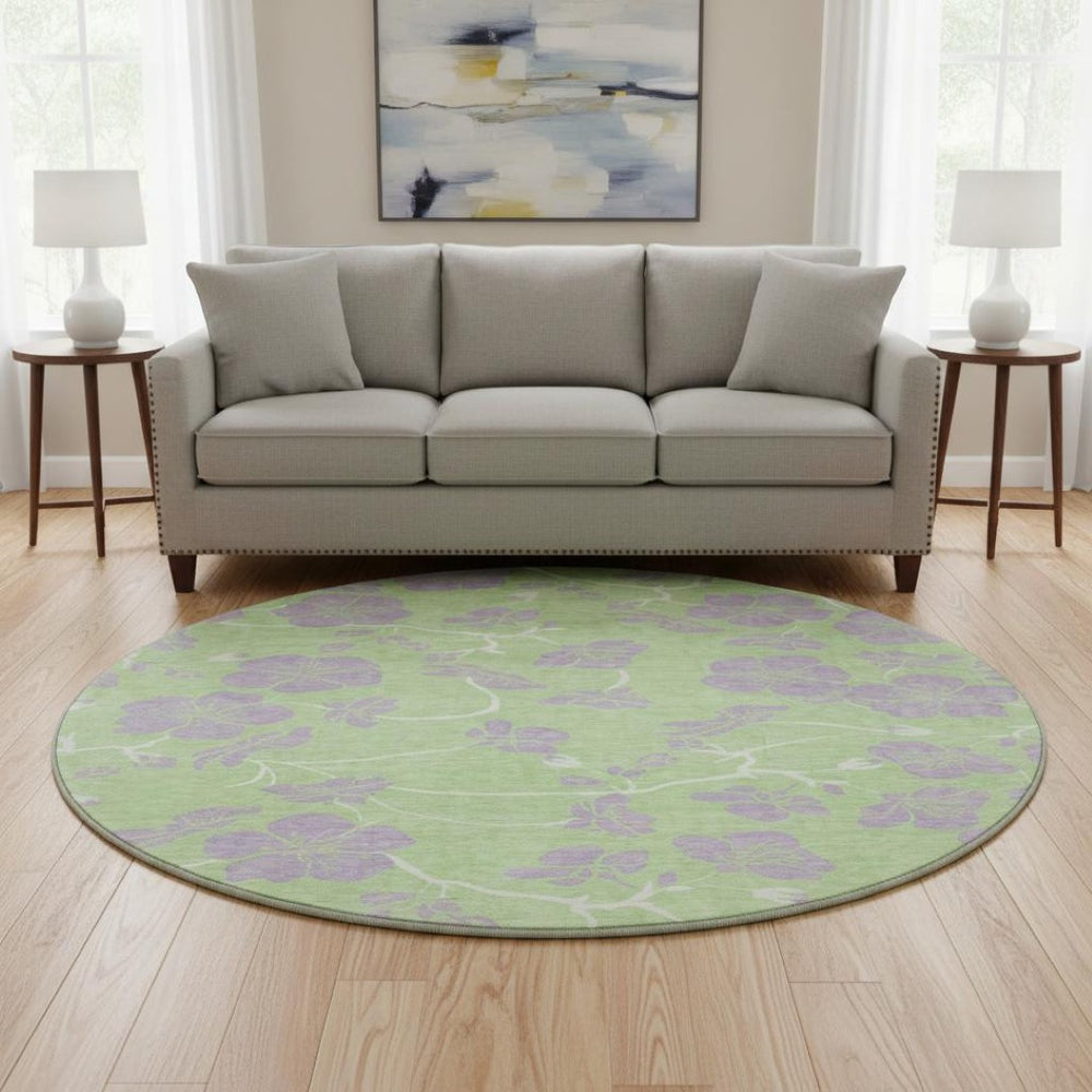 HomeRoots 8' Mint Green Floral Washable Round Rug - Elegant, UV Protected, Stain Resistant for Busy Homes! 681170