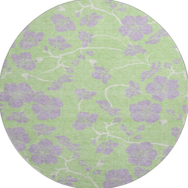 HomeRoots 8' Mint Green Floral Washable Round Rug - Elegant, UV Protected, Stain Resistant for Busy Homes! 681170