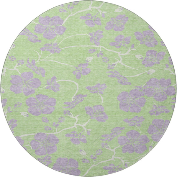 HomeRoots 8' Mint Green Floral Washable Round Rug - Elegant, UV Protected, Stain Resistant for Busy Homes! 681170