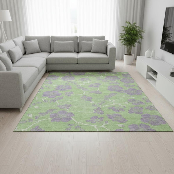 HomeRoots 10' X 14' Floral Area Rug in Mint Green, Ivory & Lavender - Washable, UV-Protected, Family-Friendly Decor! 681173