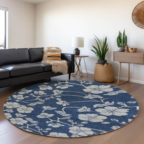 HomeRoots 8' Navy Blue Floral Round Rug - Elegant, Washable, Stain-Resistant with UV Protection for Home Decor 681176