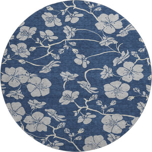 HomeRoots 8' Navy Blue Floral Round Rug - Elegant, Washable, Stain-Resistant with UV Protection for Home Decor 681176