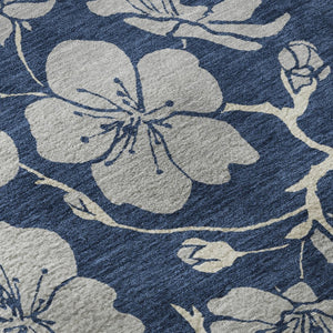 HomeRoots 8' Navy Blue Floral Round Rug - Elegant, Washable, Stain-Resistant with UV Protection for Home Decor 681176