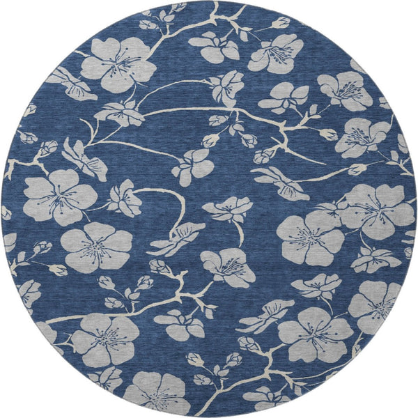 HomeRoots 8' Navy Blue Floral Round Rug - Elegant, Washable, Stain-Resistant with UV Protection for Home Decor 681176