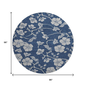 HomeRoots 8' Navy Blue Floral Round Rug - Elegant, Washable, Stain-Resistant with UV Protection for Home Decor 681176