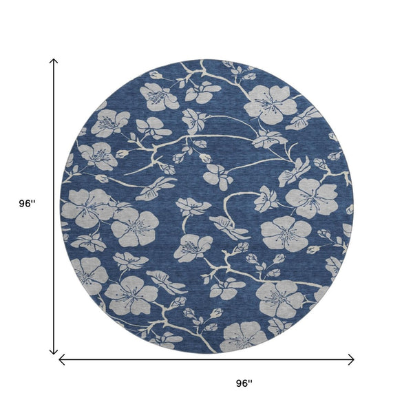 HomeRoots 8' Navy Blue Floral Round Rug - Elegant, Washable, Stain-Resistant with UV Protection for Home Decor 681176